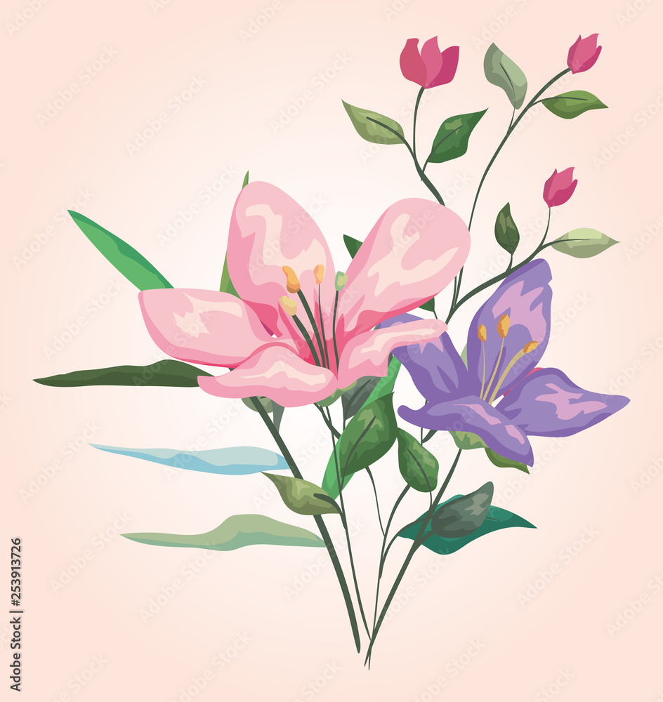 flowers plants with exotic branches leaves design