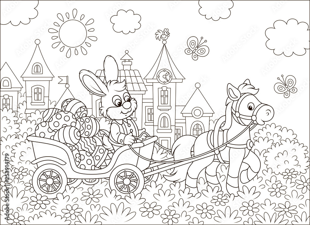 Little rabbit carrying decorated Easter eggs in a cart with a small pony against the background of small town houses, black and white vector illustration in a cartoon style for a coloring book Little rabbit carrying decorated Easter eggs in a cart with a small pony against the background of small town houses, black and white vector illustration in a cartoon style for a coloring book