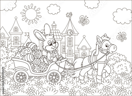 Little rabbit carrying decorated Easter eggs in a cart with a small pony against the background of small town houses  black and white vector illustration in a cartoon style for a coloring book
