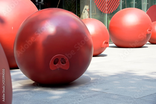 Pig like red ball on a ground photo