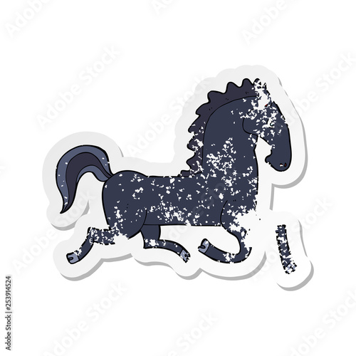 retro distressed sticker of a cartoon running black stallion