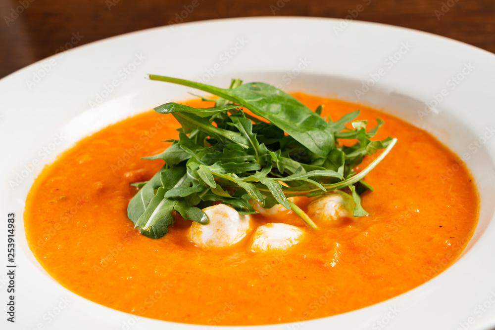 hot spicy roasted red pepper and tomato soup with shrimps hot spicy roasted red pepper and tomato soup with shrimps