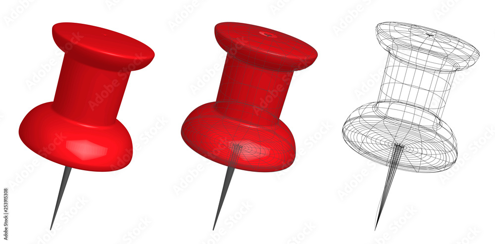 Set of three 3d pins different styles: red, with frame lines silhouette and transparent with lines only. EPS10 vector illustration isolated on white background. Set of three 3d pins different styles: red, with frame lines silhouette and transparent with lines only. EPS10 vector illustration isolated on white background.