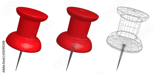 Set of three 3d pins different styles: red, with frame lines silhouette and transparent with lines only. EPS10 vector illustration isolated on white background.