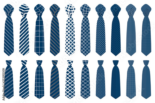 Illustration on theme big set ties different types, neckties various size