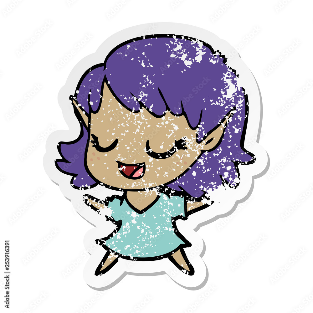 distressed sticker of a happy cartoon elf girl distressed sticker of a happy cartoon elf girl
