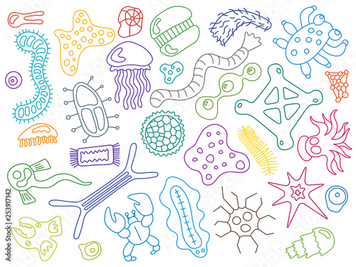 Various microorganisms on white background pattern. Backdrop infectious germs, protists, microbes, disease causing bacteria, viruses. Biodiversity plankton. Colorful vector illustration wallpaper