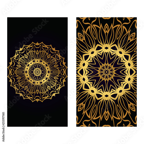 Luxury black gold color Templates Card With Mandala Design. Vector Illustration. For Visit Card, Business, Greeting Card Invitation.