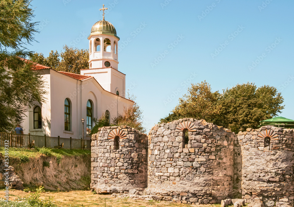 Fototapeta premium Fragment of the Church of Saints Cyril and Methodius in the historic district of Sozopol, Bulgaria.