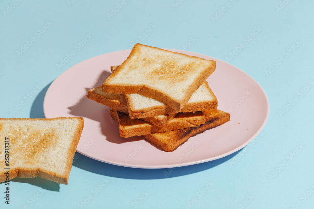Plate with toasted bread on light-blue background. Plate with toasted bread on light-blue background.
