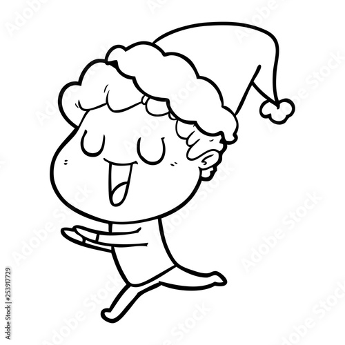 laughing line drawing of a man running wearing santa hat