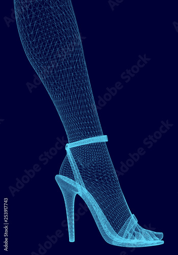 Wireframe of female feet in shoe with high heel. Polygonal leg of the girl from the blue lines on a dark background. 3D. Vector illustration