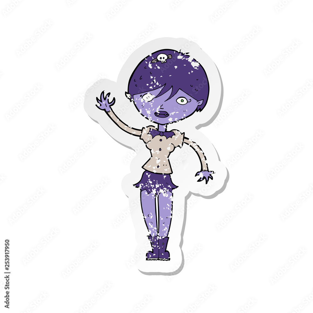 retro distressed sticker of a cartoon vampire girl waving retro distressed sticker of a cartoon vampire girl waving