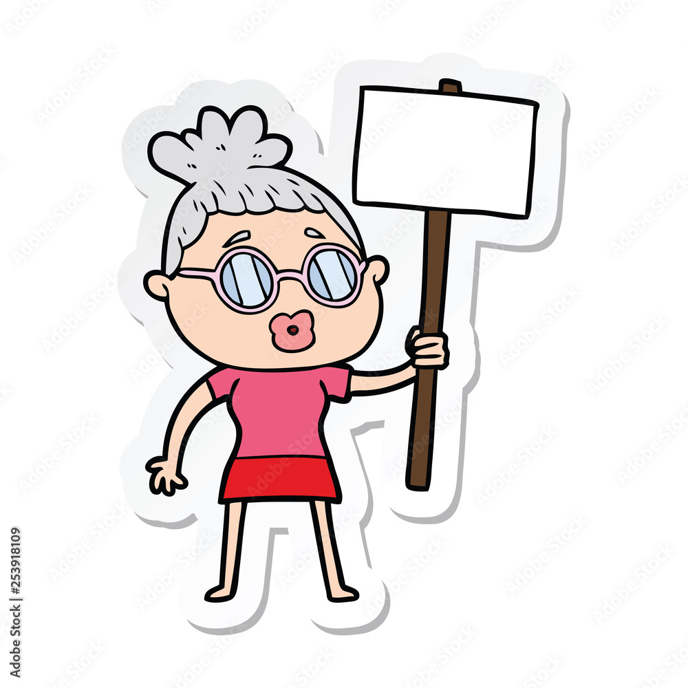 sticker of a cartoon protester woman wearing spectacles sticker of a cartoon protester woman wearing spectacles