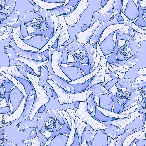 Drawn blueroses seamless background. Flowers illustration front view. Pattern in romantic style for design of fabrics photo