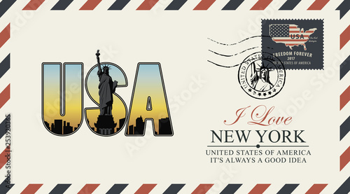 Vector postcard or envelope with letters USA with New York skyline, Statue of Liberty and inscriptions. Postcard with postmark with Liberty Head and postage stamp with american flag and map.