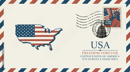 Vector postcard or envelope with a map of USA in colors of the national american flag and inscriptions. Postcard with postmark in form of capitol building and postage stamp with Statue of Liberty.