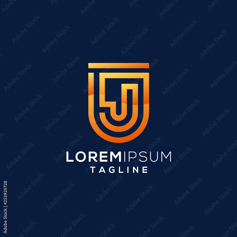 Letter J technology line logo design with gold color