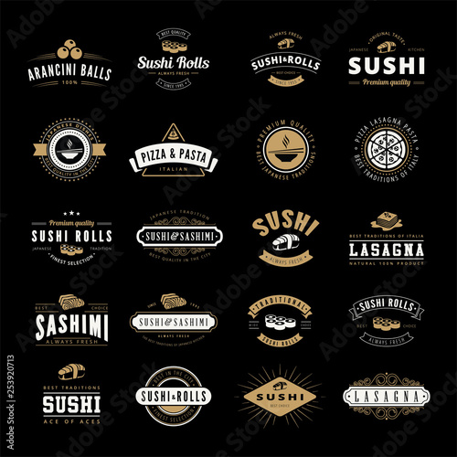 japanese restaurant logos set vector illustration. Japanese food, sushi and rolls silhouettes. Vintage typography badges design