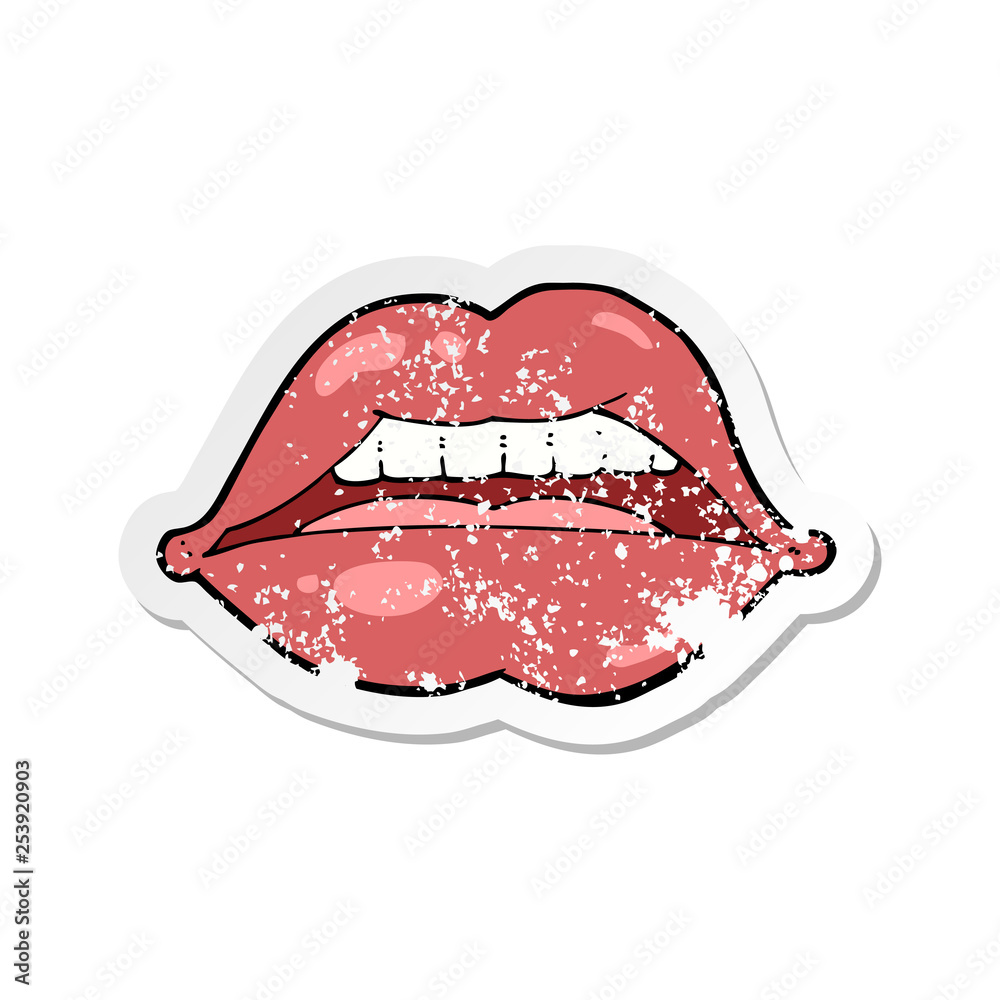 retro distressed sticker of a cartoon sexy lips symbol retro distressed sticker of a cartoon sexy lips symbol