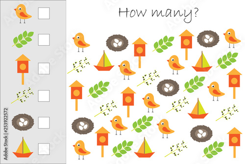 How many counting game withspring pictures for kids, educational maths task for the development of logical thinking, preschool worksheet activity, count and write the result, vector illustration
