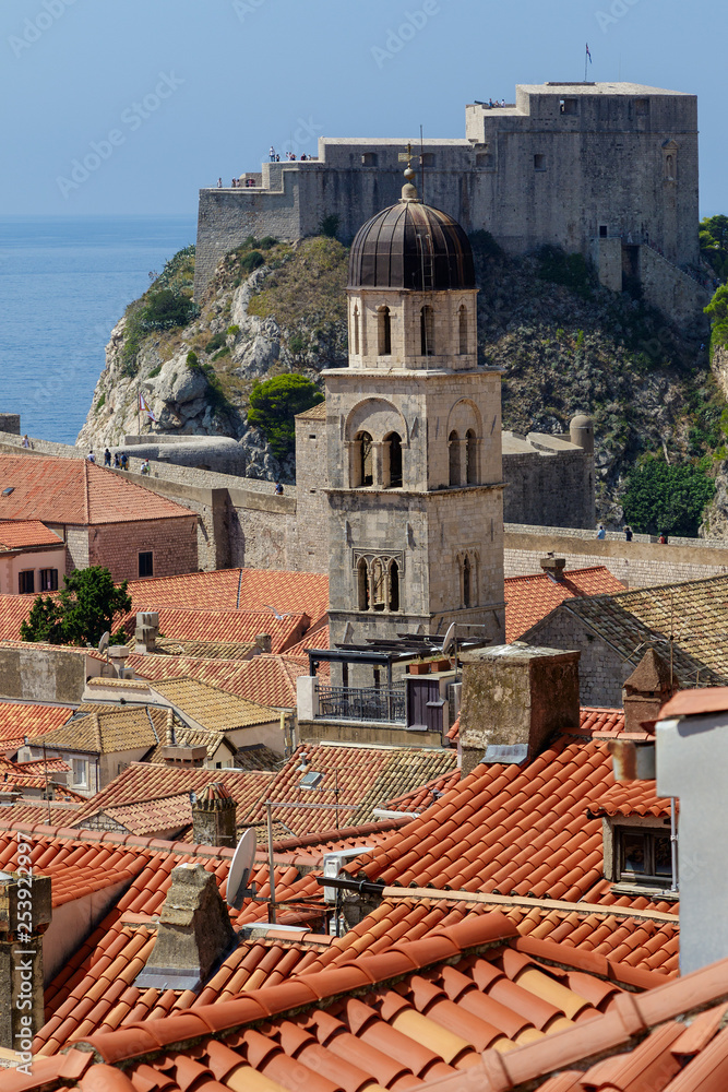 Dubrovnik, old town  - the Fort Lovrijenac and and Franciscan Church and Monastery - view from the city walls