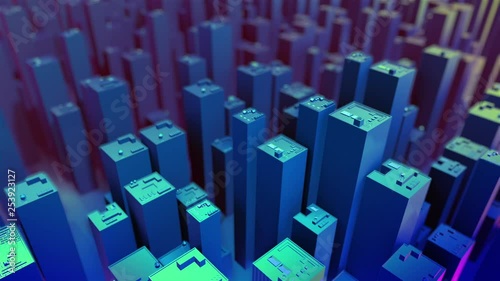 Digital 3D skyscraper city blue and purple background - ideal for overlays, infographics and titles