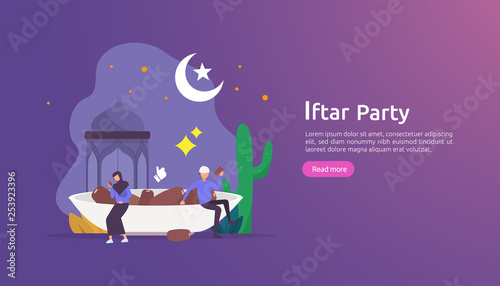 Iftar Eating After Fasting feast party concept. Moslem family dinner on Ramadan Kareem or celebrating Eid with people character. web landing page template, banner, presentation, social or print media.