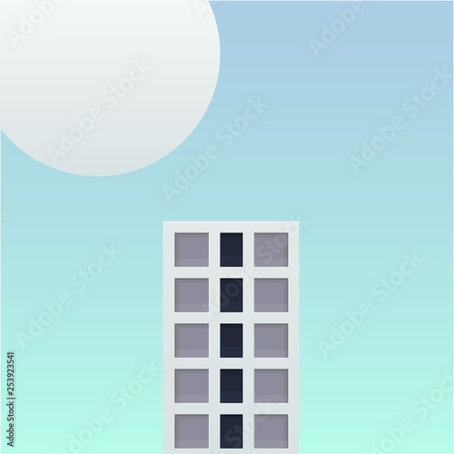 one tall building in the future fantasy world vector illustration. big building and big planet with soft blue sky background design.