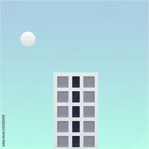one tall building in the future fantasy world vector illustration. big building and small planet with soft blue sky background design.