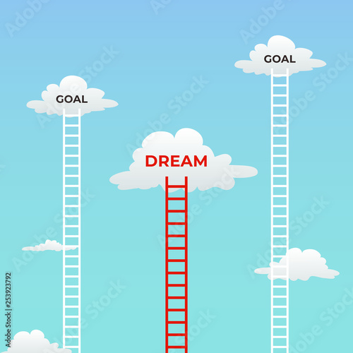 goal and dream. dream under goals mindset visual concept design. cloud in the sky and tall ladder with text vector illustration.