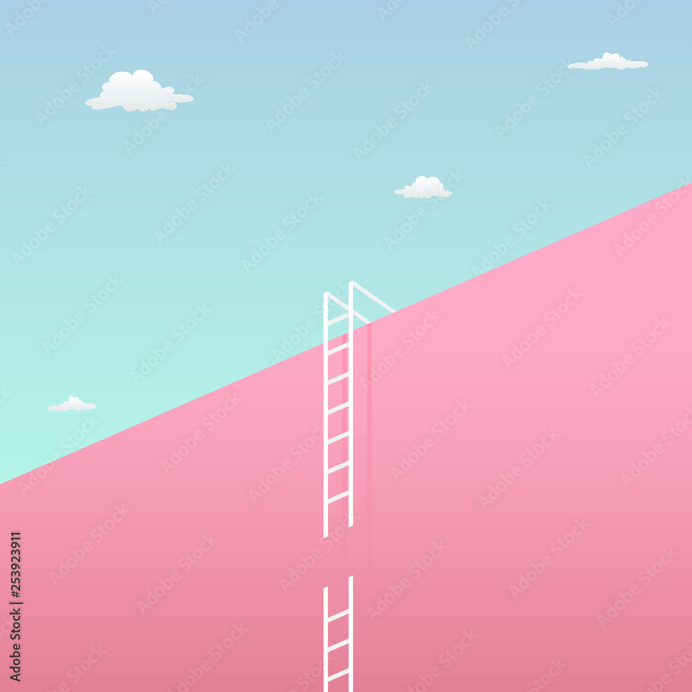 pass the challenge to reach the goal challenge visual concept with minimalist art design. high giant wall towards the sky and tall ladder cut in half vector illustration.