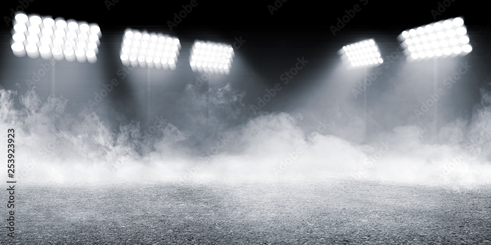 Sports arena with concrete floor with smokes and spotlights - obrazy, fototapety, plakaty 