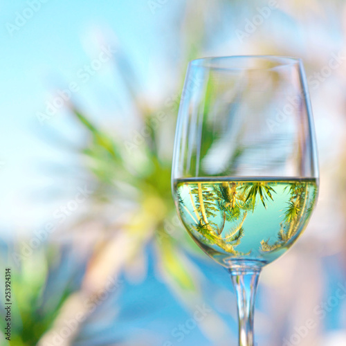 glass of white wine in summer scene