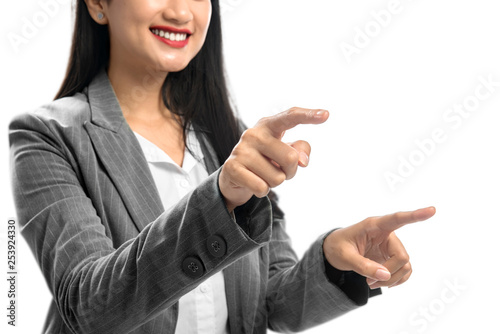 Smiling asian business woman touch something with her both finger hands
