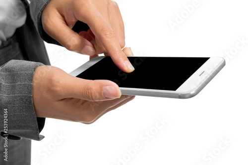 Businesswoman touching the blank black screen of mobile phone