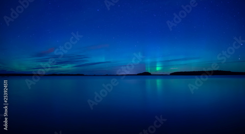 Northern lights dancing over calm lake after the sunset under the blu time