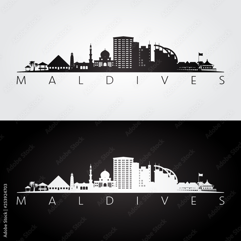 Maldives skyline and landmarks silhouette, black and white design, vector illustration.