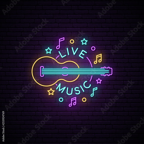 Neon Live Music sign. Light signboard with guitar and live music inscription. Vector bright advertising banner.