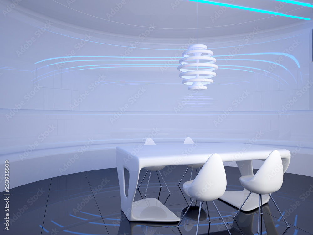 Futuristic dining room interior design. 3D illustration Stock ...