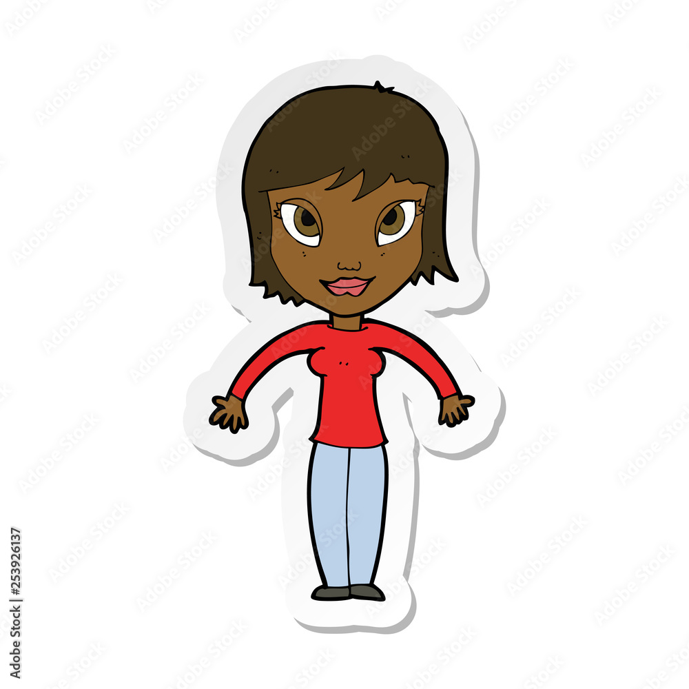 sticker of a cartoon woman shrugging shoulders sticker of a cartoon woman shrugging shoulders