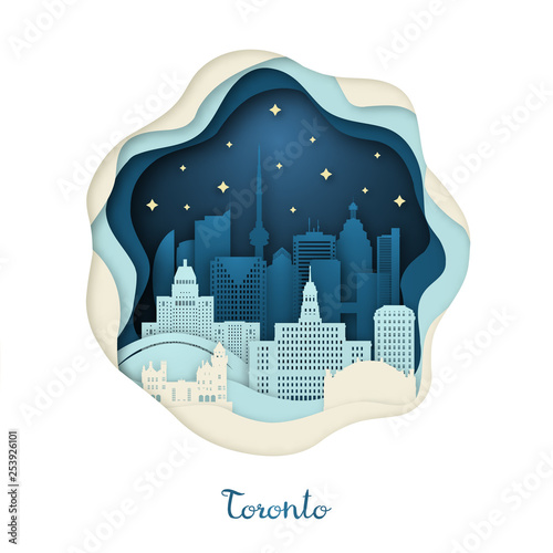 Paper art illustration of Toronto. Origami concept. Night city with stars. Vector illustration.