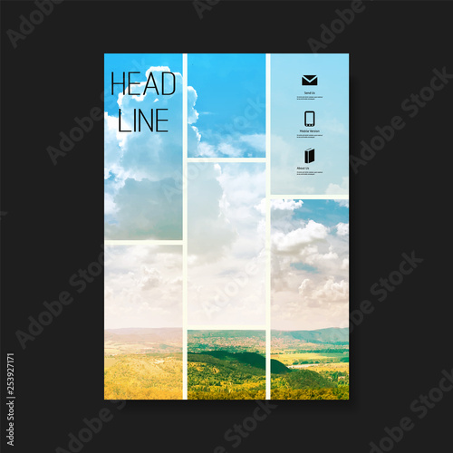      Modern Style Tiled Flyer or Cover Design for Your Business with Mountains and Sky View Image - Applicable for Reports, Presentations, Placards, Posters, Travel Guides 