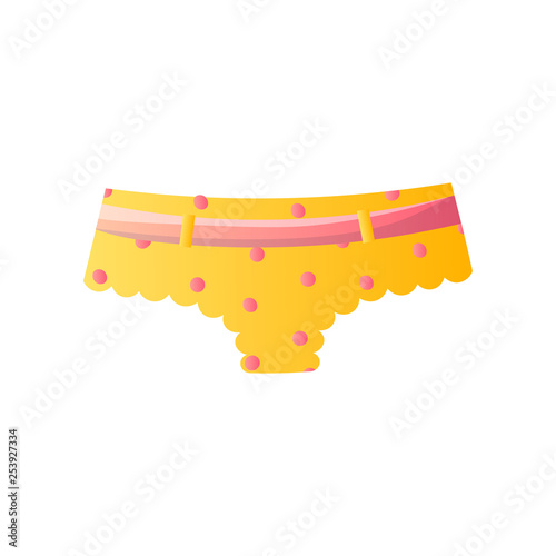 Cute yellow panties decorated with dots and silk belt isolated on white background