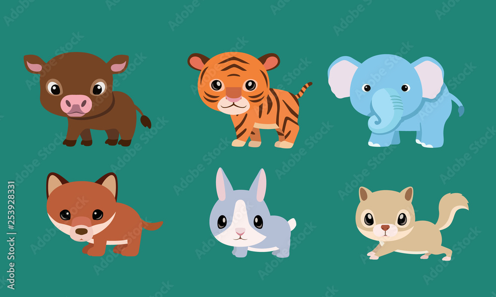 Child cute mammals. Bull, Tiger, rabbit, squirrel, Fox, Child cute mammals. Bull, Tiger, rabbit, squirrel, Fox,