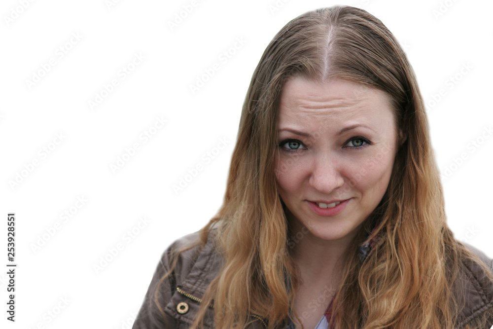 Caucasian lady looks excited and surprised standing on the pure light background, wearing casual Caucasian lady looks excited and surprised standing on the pure light background, wearing casual