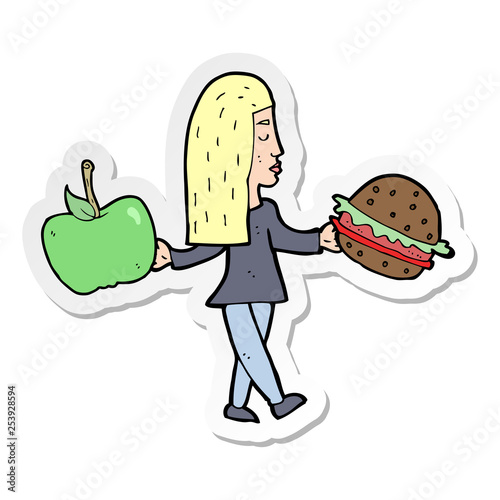 sticker of a cartoon woman deciding to eat healthy