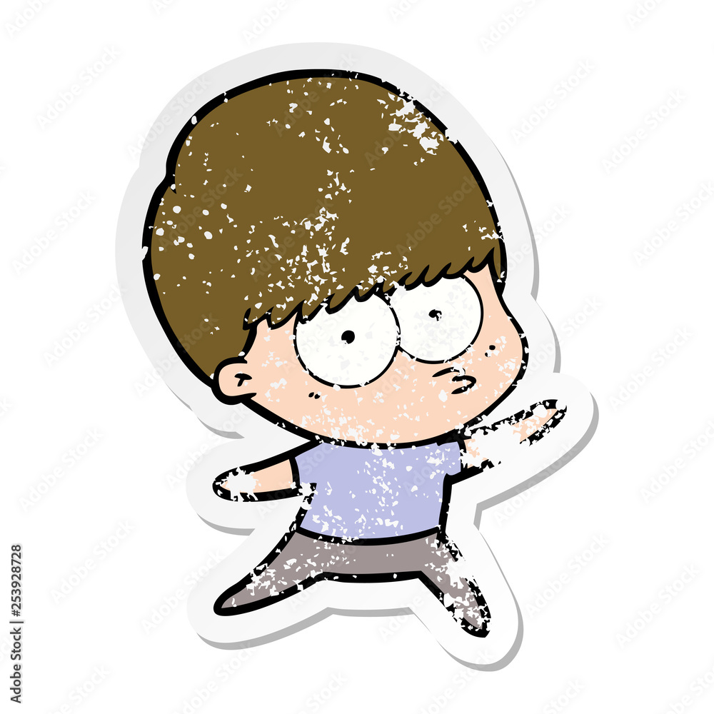 distressed sticker of a nervous cartoon boy distressed sticker of a nervous cartoon boy