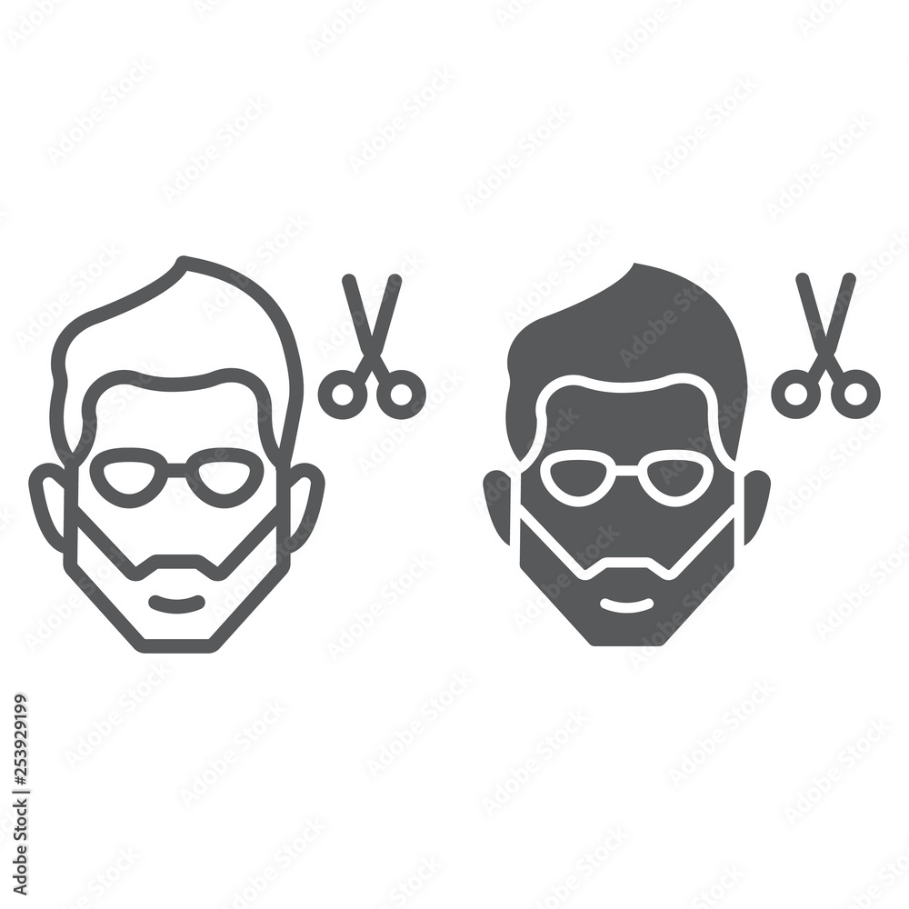 Haircut line and glyph icon, barber and hairstyle, bearded face sign, vector graphics, a linear pattern on a white background.