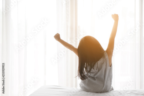 Принти на полотні Asian child cute relax or kid girl wake up or woke up with stretch oneself after